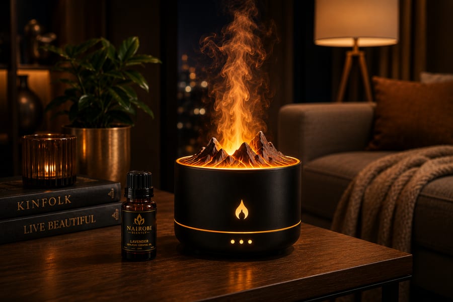 Fireplace flame diffuser glowing in a living room
